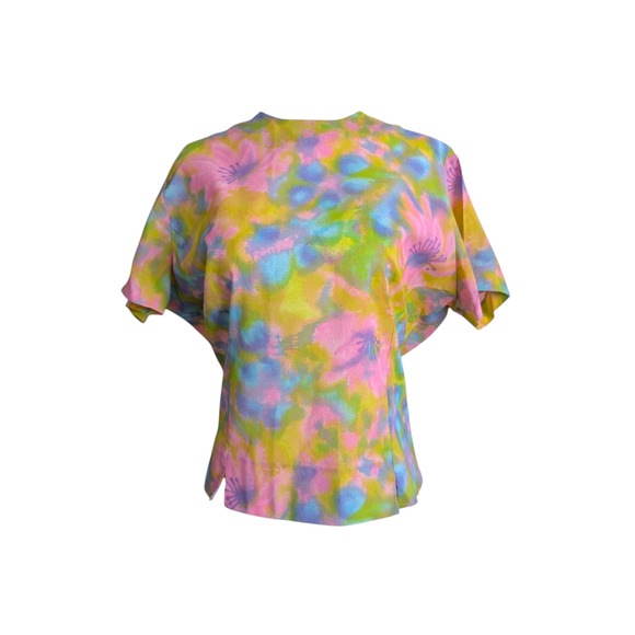 1960s Vintage Pink Neon Flowers Blouses ~ M/L - Picture 1 of 7